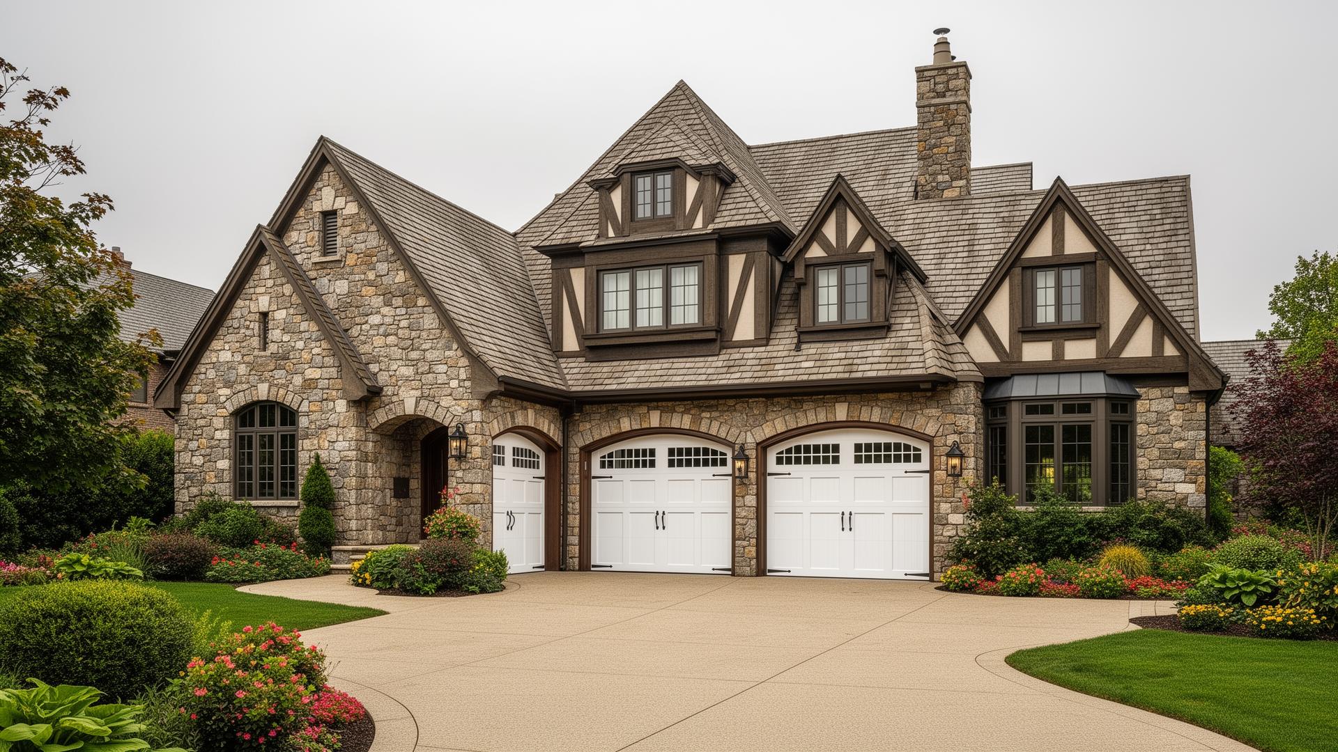 Beautiful Tudor style home with white raised panel garage doors - professional garage door installation in Webster TX